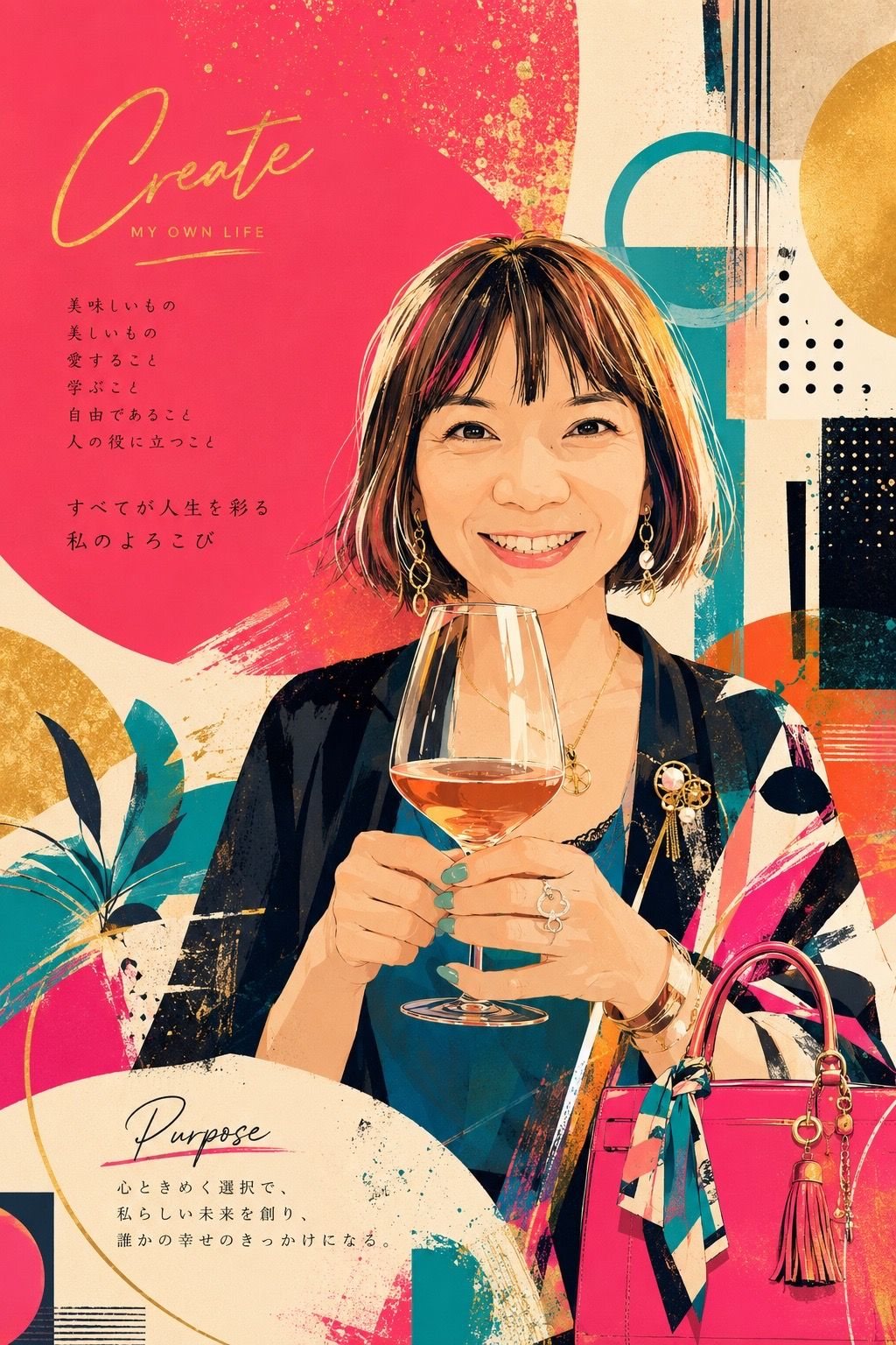 ワイングラスを手に笑うMihoのイラスト。「Create MY OWN LIFE　美味しいもの 美しいもの 愛すること 学ぶこと 自由であること 人の役に立つこと　すべてが人生を彩る私のよろこび」「Purpose　心ときめく選択で、私らしい未来を創り、誰かの幸せのきっかけになる。」と書かれている